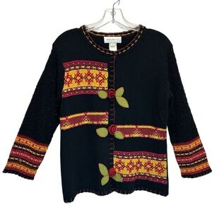 VTG Susan Bristol Black, Red, Gold Embroidered Cardigan w/ 3D Rosebuds - Medium